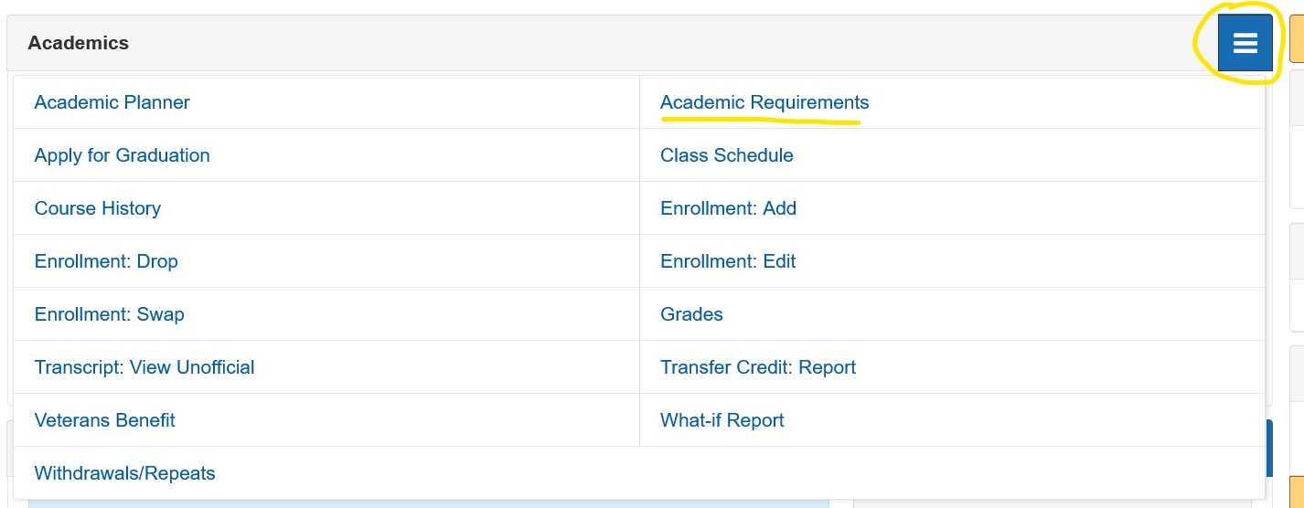 Screenshot of where to locate Academic Requirements in myCSUB