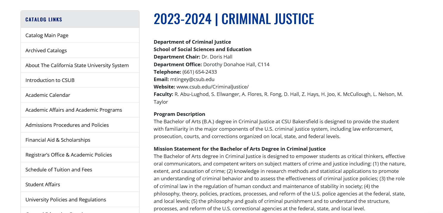 Screenshot of the Criminal Justice 2023-2024 requirements page