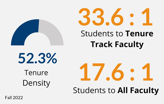 Fall 2022; 52.3% tenure density; 33.6:1 students to tenure track faculty; 17.6:1 students to all faculty
