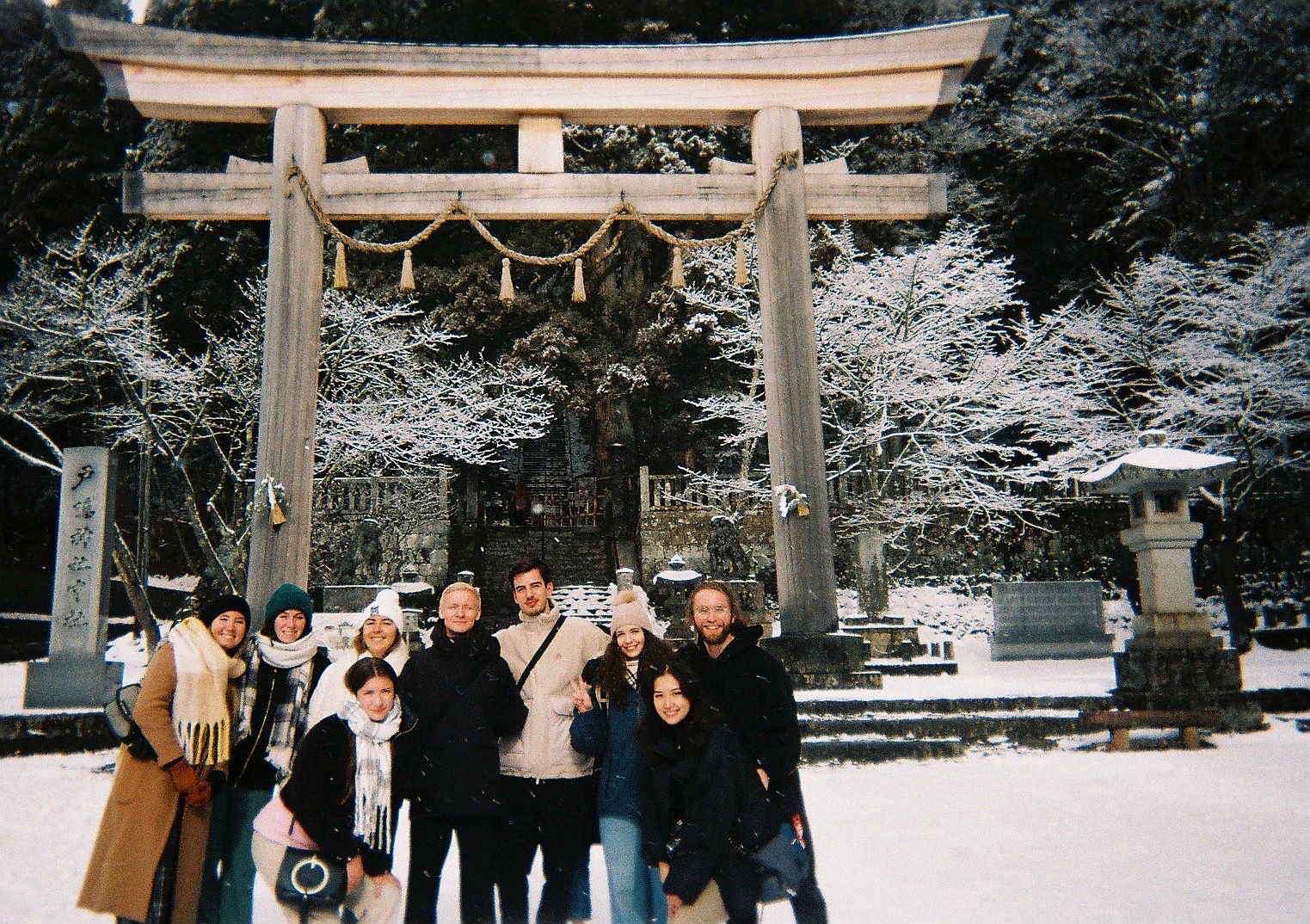 Group of people in snowy Japan