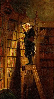 Man standing on stool by bookcase.