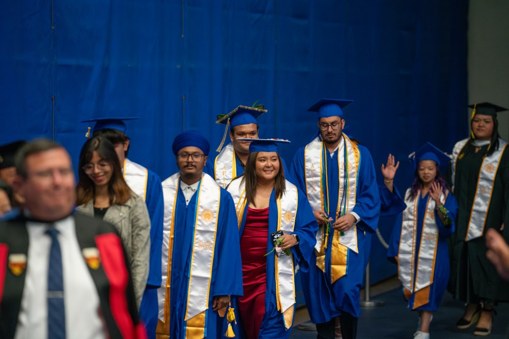 Asian American Pacific Islander Desi American (APIDA) Graduation Spring 2025 - CSUB Students dressed in blue gowns and caps with white and gold stole line up