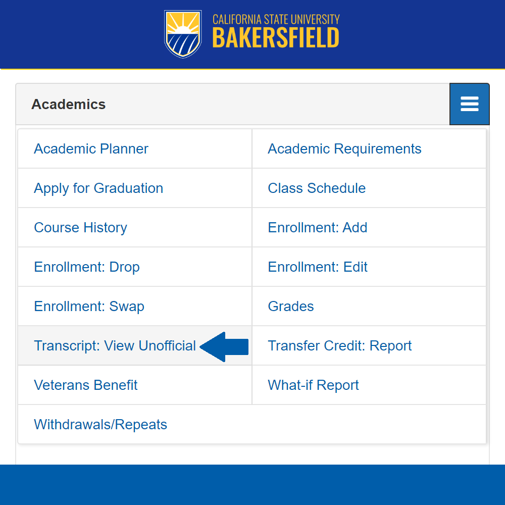 Screen shot of how to view your unofficial transcript.