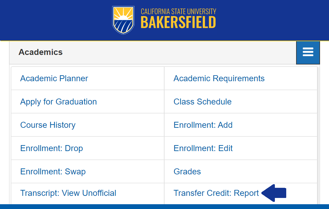 Screen shot of transfer credit location within academics