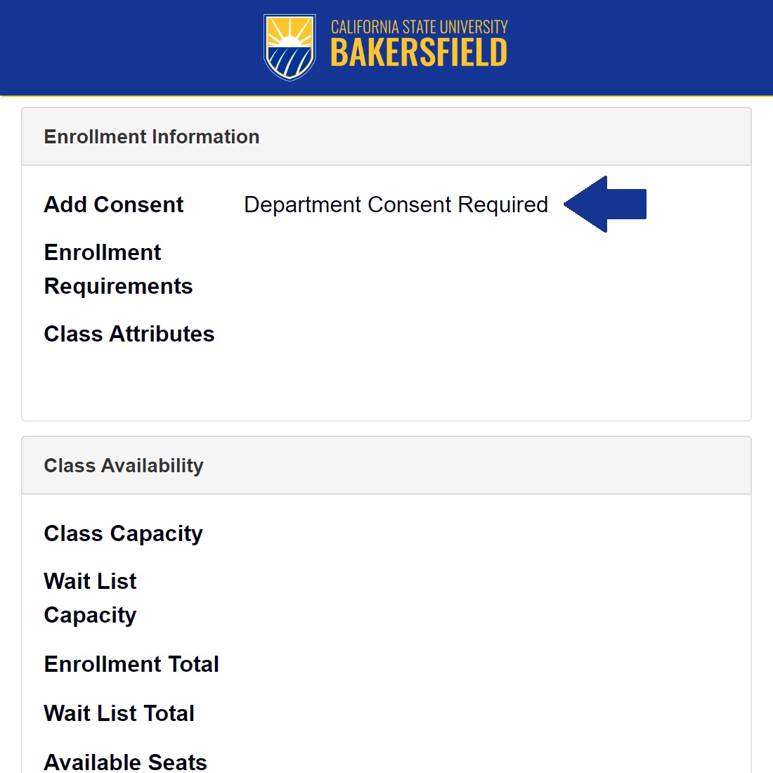 Screen shot of a course with department consent