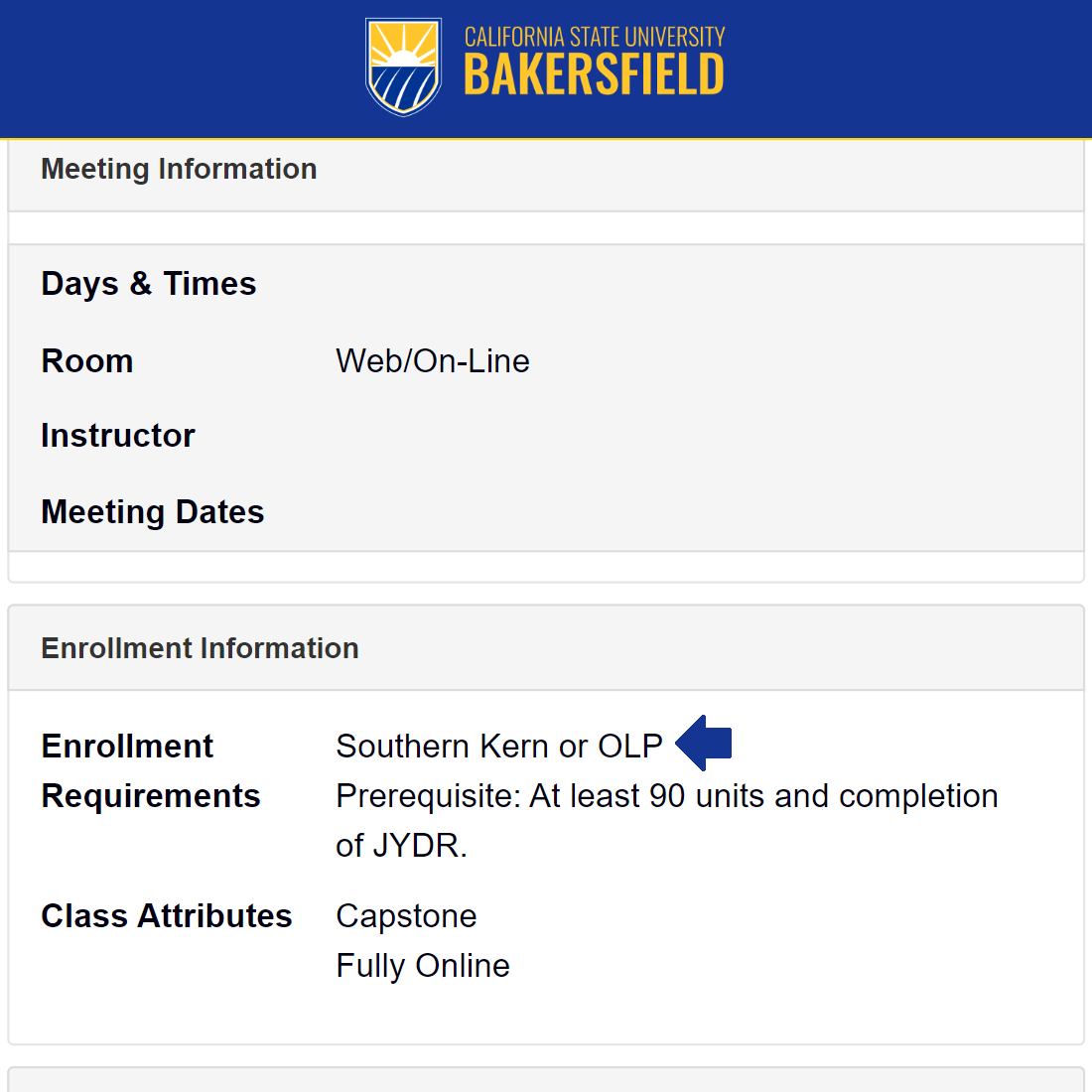 Screen shot of enrollment information for Southern Kern