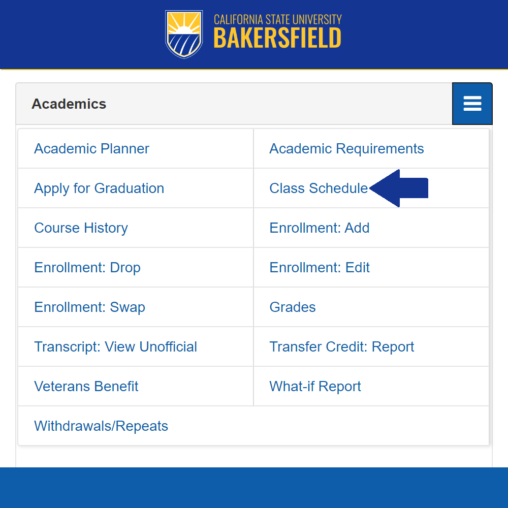 Screen shot of MyCSUB class schedule