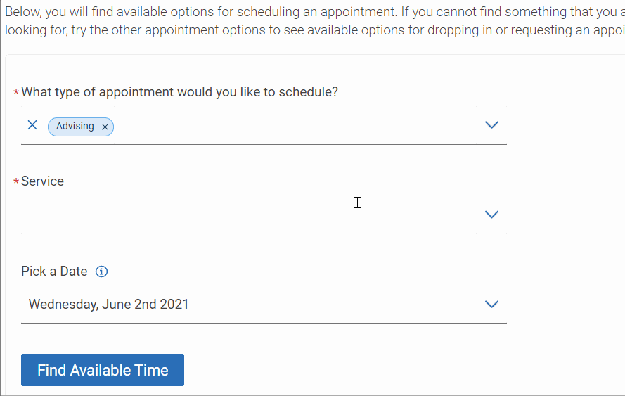 gif of cursor choosing a advising service and date