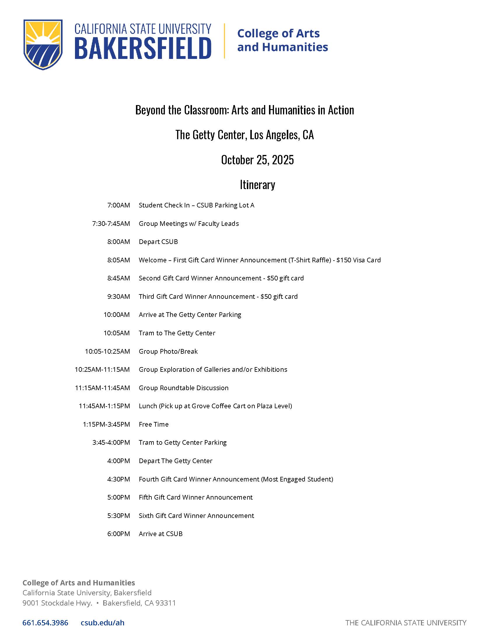 Itinerary for Beyond the Classroom Trip