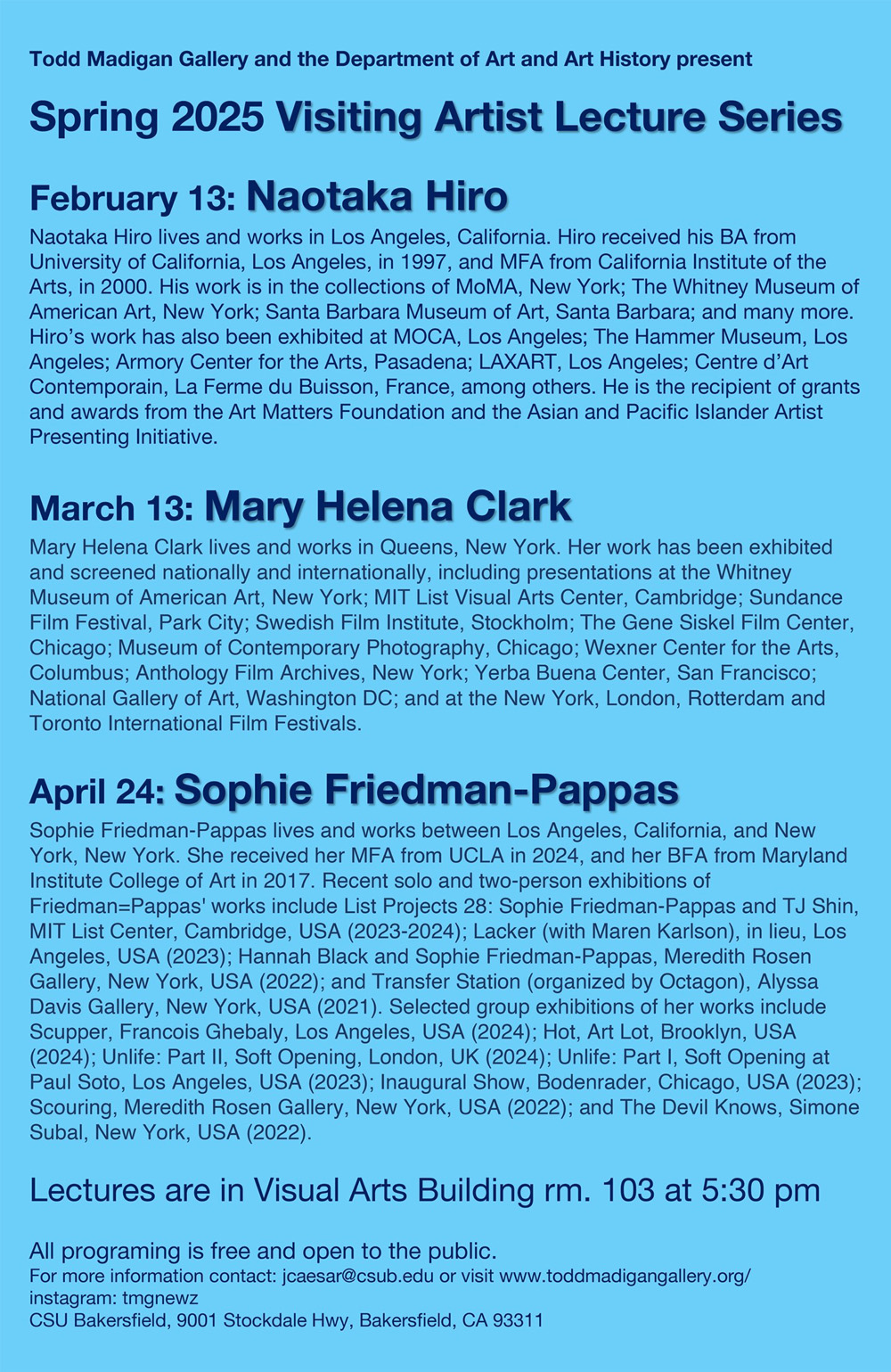 Visiting Artist Lecture Series Schedule