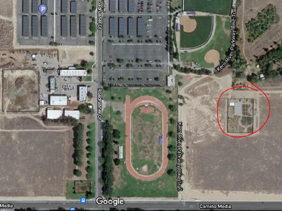 Overhead shot of CSUB campus with edible garden location circled in red