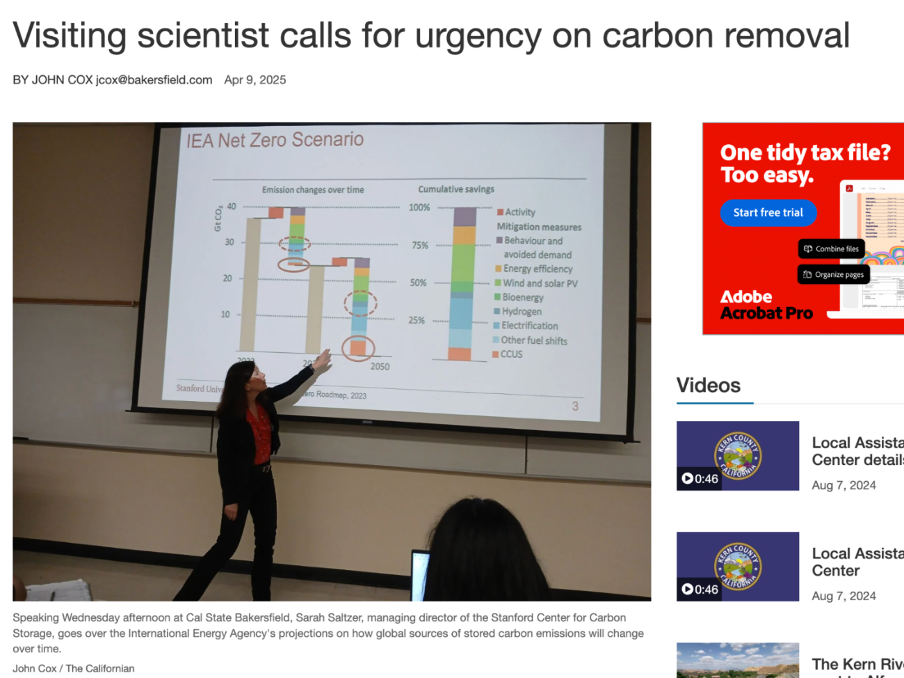 Bakersfield Californian screenshot and photo shows speaker in front of board. Headline reads "Visiting scientist calls for urgency on carbon removal"