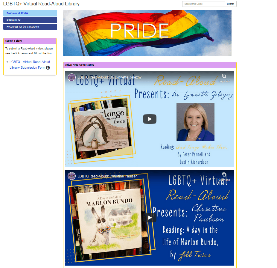 Screenshot of the webpage for the LGBTQ+ Virtual Read-Aloud Library