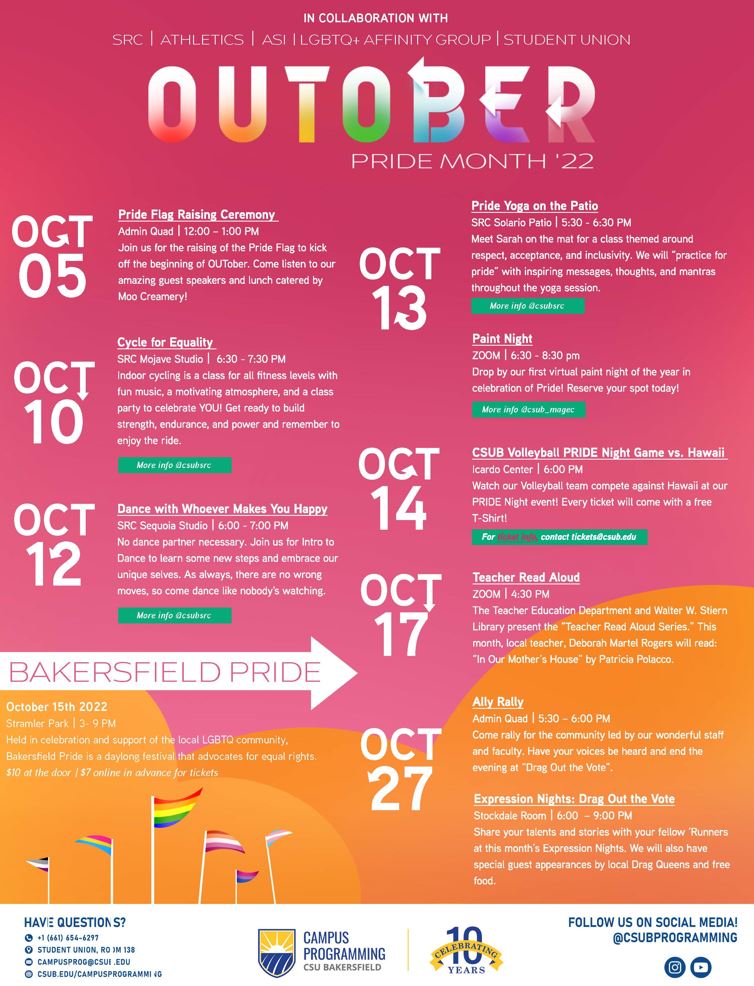 OUTober 2022 flyer featuring all events for pride month