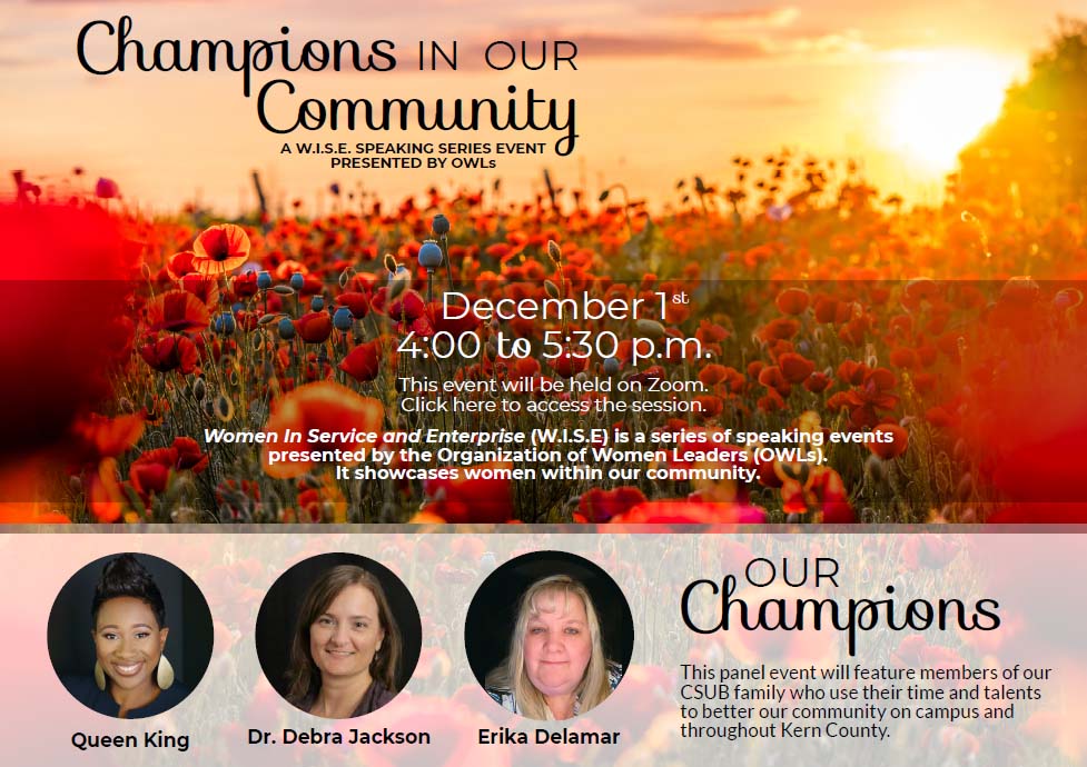 Champions in Our Community: a W.I.S.E. Speaking Series Event Flyer