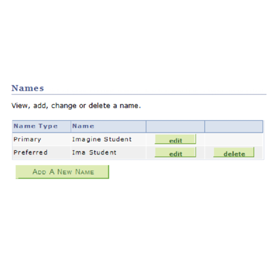 Screenshot of MyCSUB Personal Information section, highlighting "Names" section.