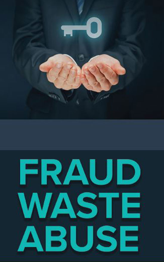 Whistleblower program brochure cover with text reading fraud, waste, abuse