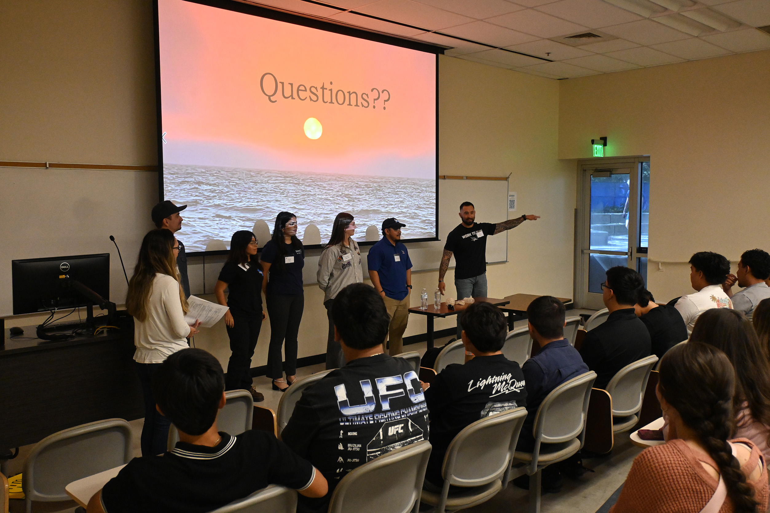 Students Ryan, Alessa, Virpal, Brooklyn, Jose, and Eder talk to the visiting students about their experiences