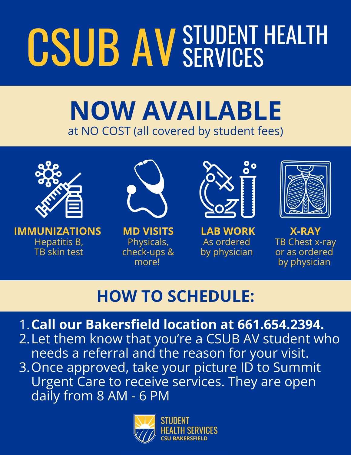 CSUB AV Student Health Services - NO COST