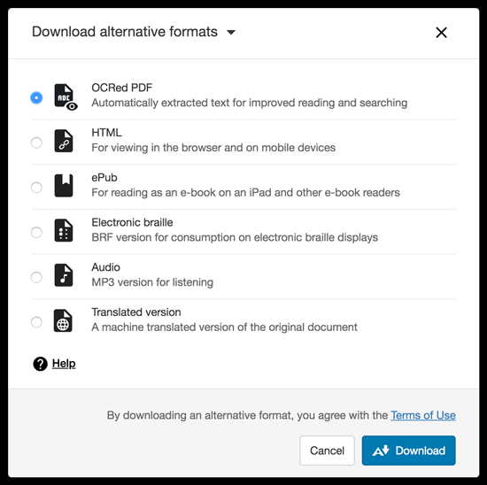 Ally Alternative Formats: OCRed PDF, HTML, ePub, Electronic braille, Audio, Translated version