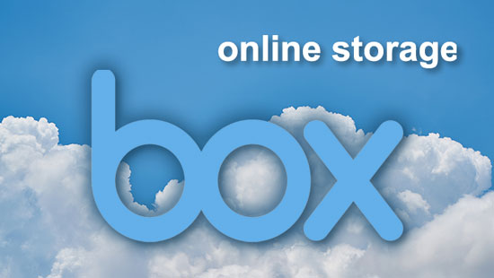 Box online storage text on blue sky and white cloud background