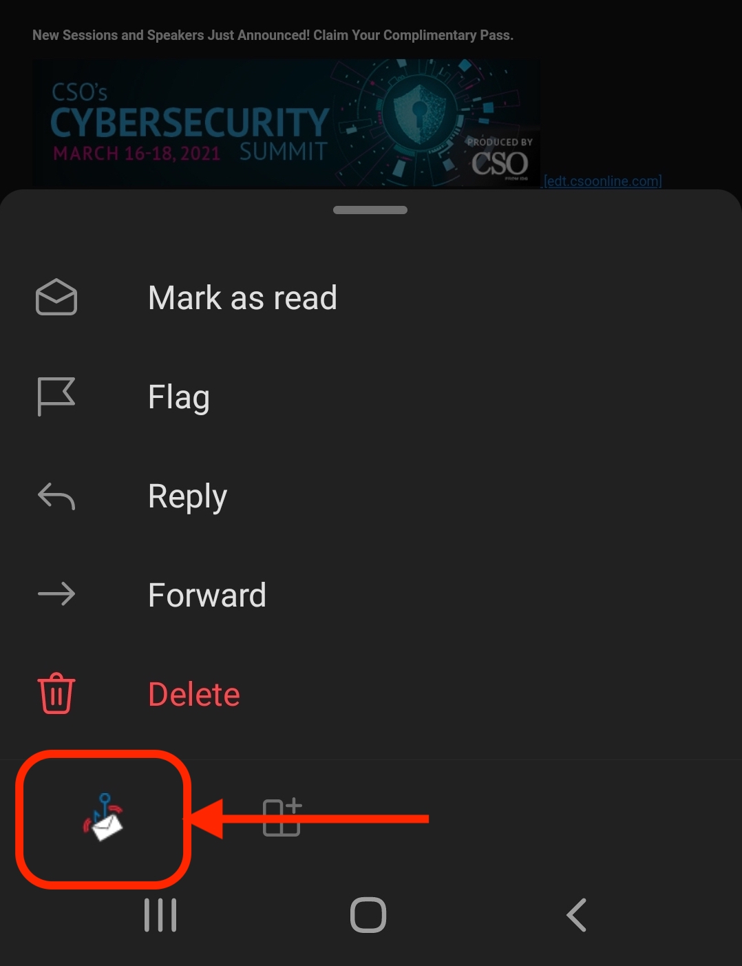 Screenshot of Outlook on Android, with arrow pointing to the "Report Suspicious" button.