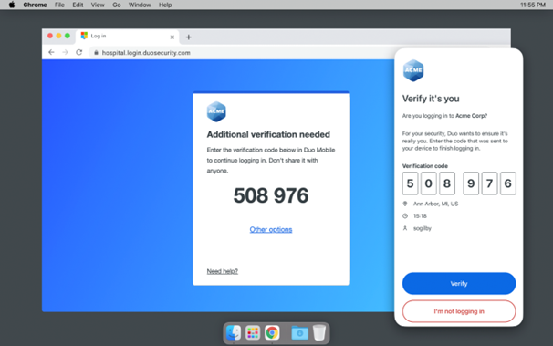 Screenshot of website providing a duo code along with a mobile screenshot of the app where the code must be entered or where you can report that the authentication attempt was not you logging in.