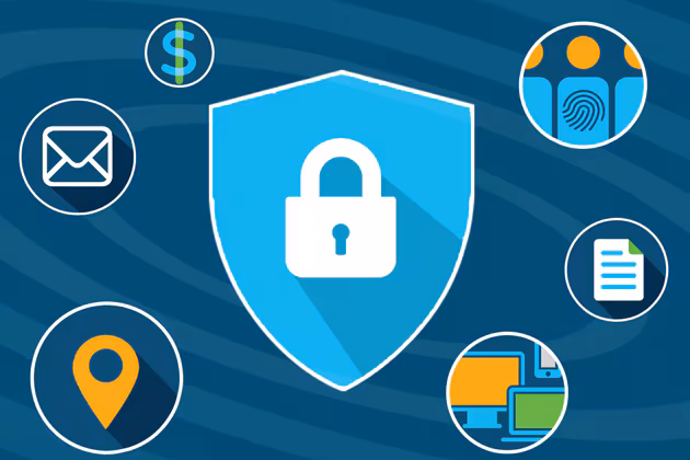 Image with multiple icons: Shield with a lock in it, circle with a biometric fingerprint in it, circle with a document, circle with a pinpoint, circle with devices in it, circle with an email icon in it, and a circle with a "$" in it.