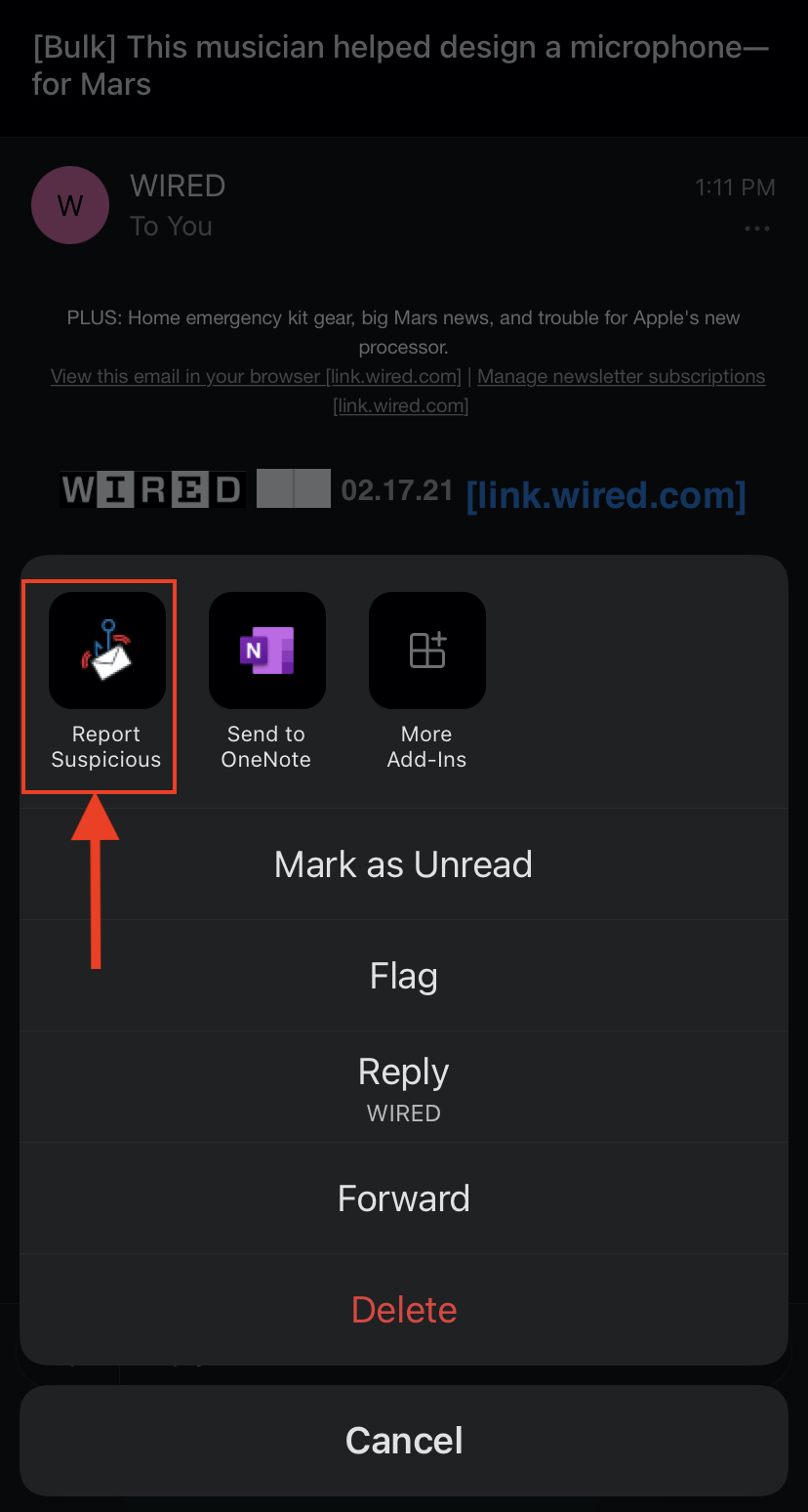 Screenshot of Outlook on iPhone, with arrow pointing to the "Report Suspicious" button.