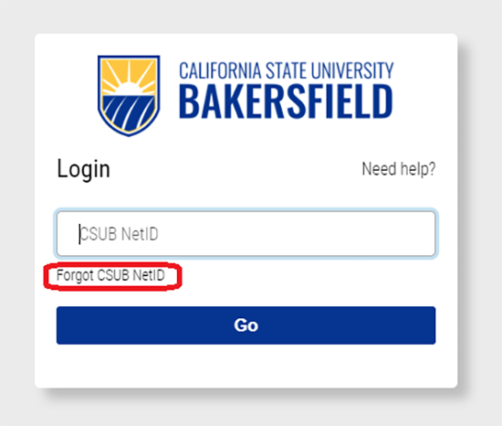 Login screen with text 'Forgot CSUB NetID' circled in red