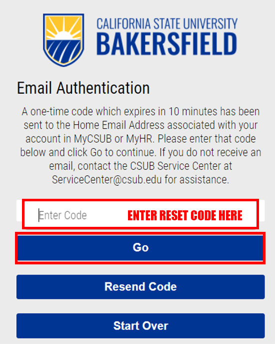 Screenshot of email authentication screen with code input field and 'Go' button outlined in red