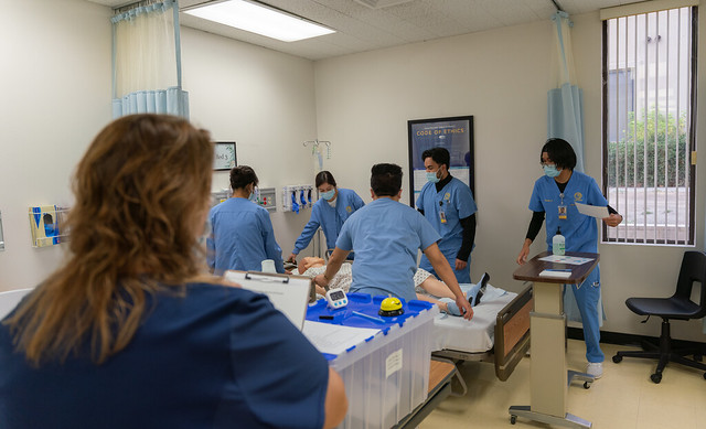 Nursing students surrounding a dummy patient in a skills lab