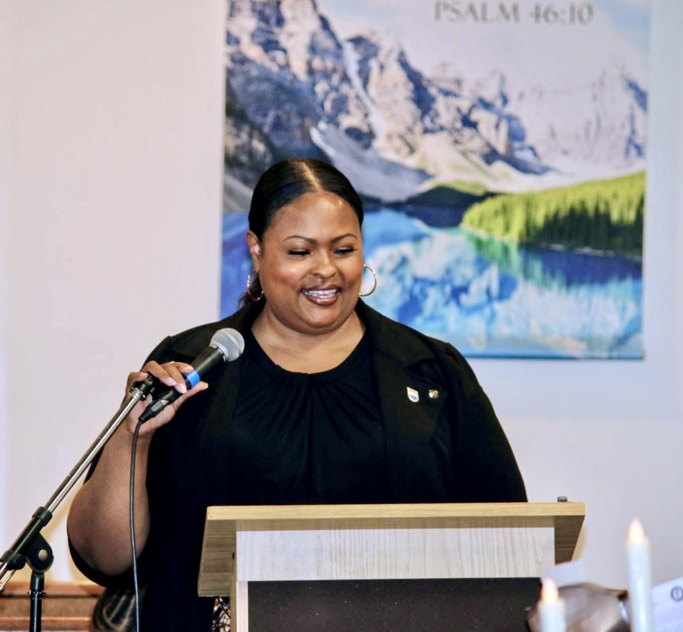 Karla Young presenting at a church