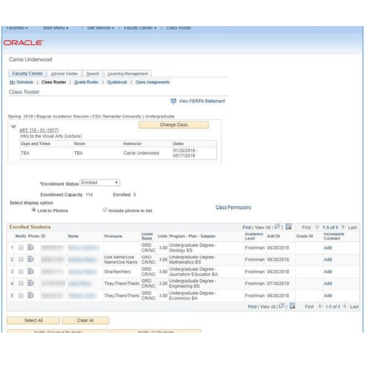 Screenshot of where the pronouns will show in the class roster.