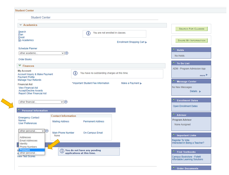 Screenshot of MyCSUB Personal Information section, highlighting "Pronouns" selection.
