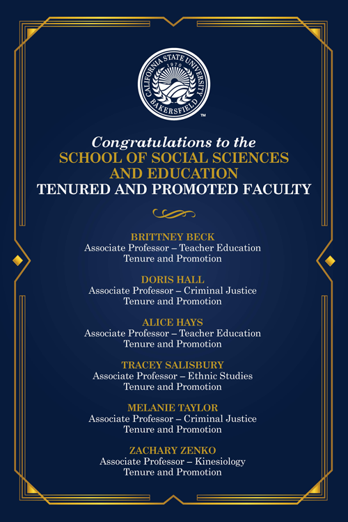 List of names for tenured and promoted faculty for the school of Social Sciences and Education