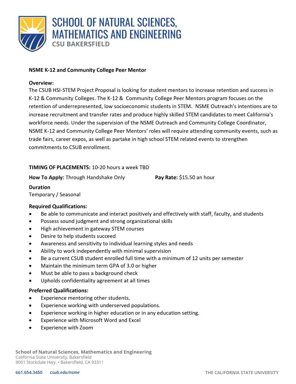 csub peer mentor k-12-job post