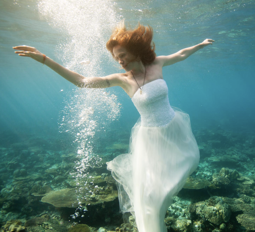 bride floating underwater