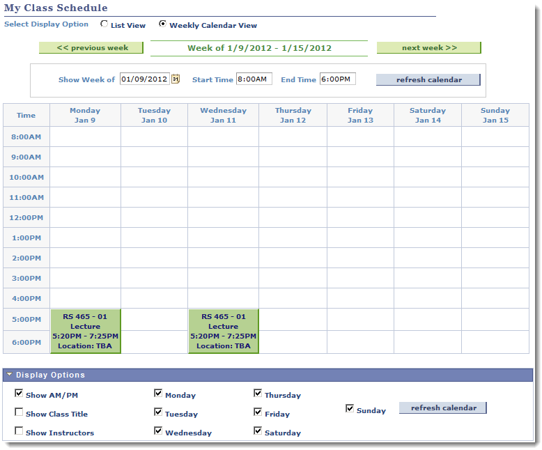 weekly class schedule