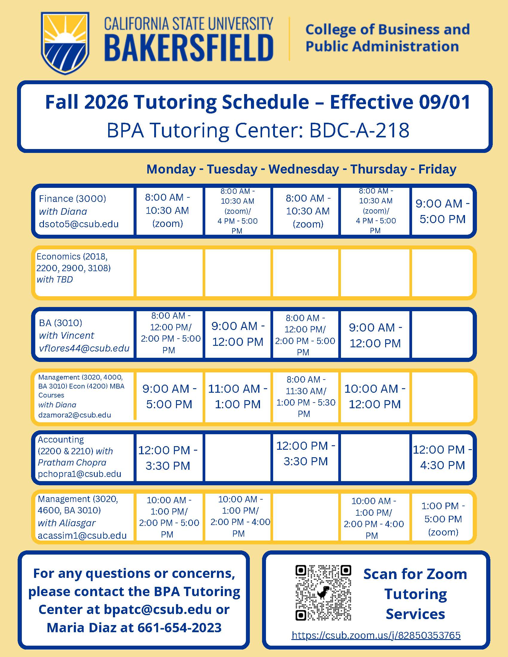 BPA Tutoring Center Schedule Fall 2026