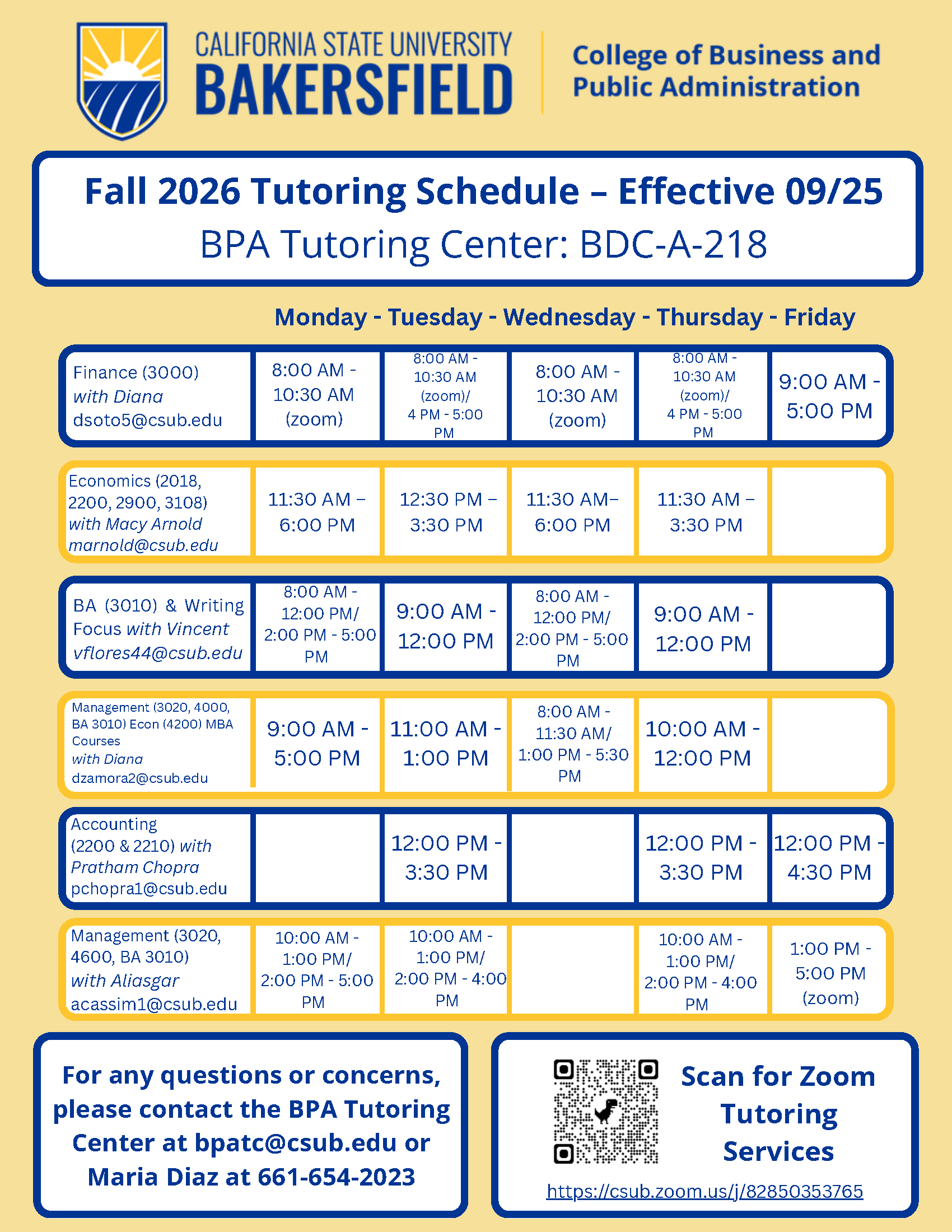 BPA Tutoring Center Schedule Fall 2026