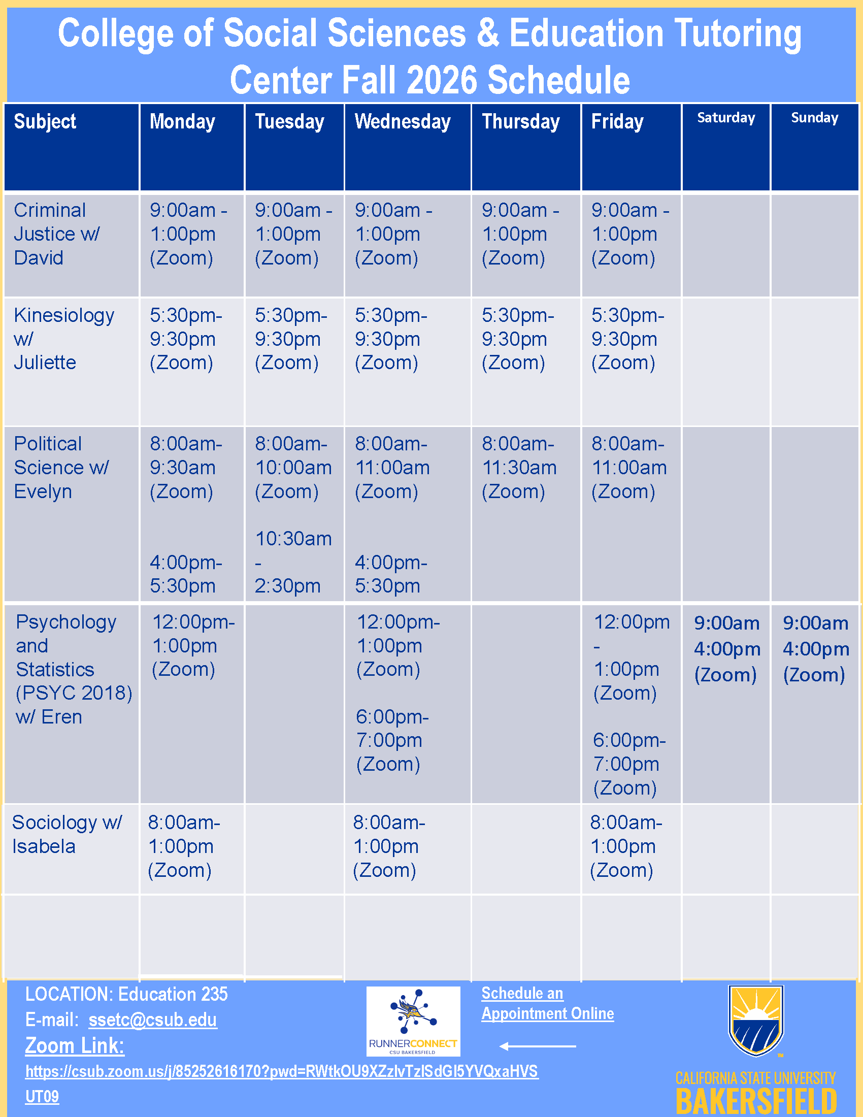 SSE Tutoring Center Schedule Fall 2026