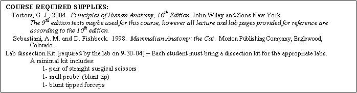 Text Box: COURSE REQUIRED SUPPLIES:          
    Tortora, G. J., 2004.  Principles of Human Anatomy, 10th Edition. John Wiley and Sons New York.
	The 9th edition texts maybe used for this course, however all lecture and lab pages provided for reference are 	according to the 10th edition. 
	Sebastiani, A. M. and D. Fishbeck.  1998.  Mammalian Anatomy: the Cat.  Morton Publishing Company, Englewood,   
                Colorado. 
Lab dissection Kit [required by the lab on 9-30-04] – Each student must bring a dissection kit for the appropriate labs.  
	A minimal kit includes:  
	1- pair of straight surgical scissors 
	1- mall probe  (blunt tip) 
	1- blunt tipped forceps
